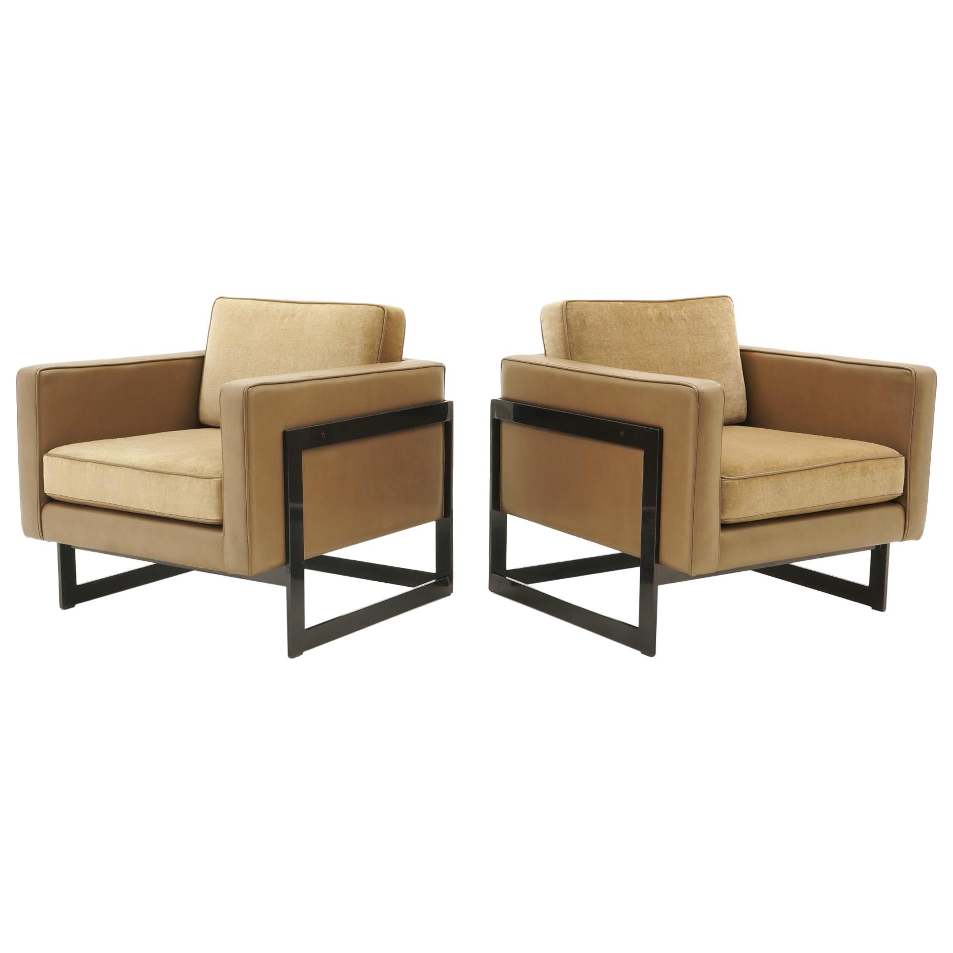 Pair Lounge Chairs by Milo Baughman, Camel / Tan Mohair and Leather, Beautiful