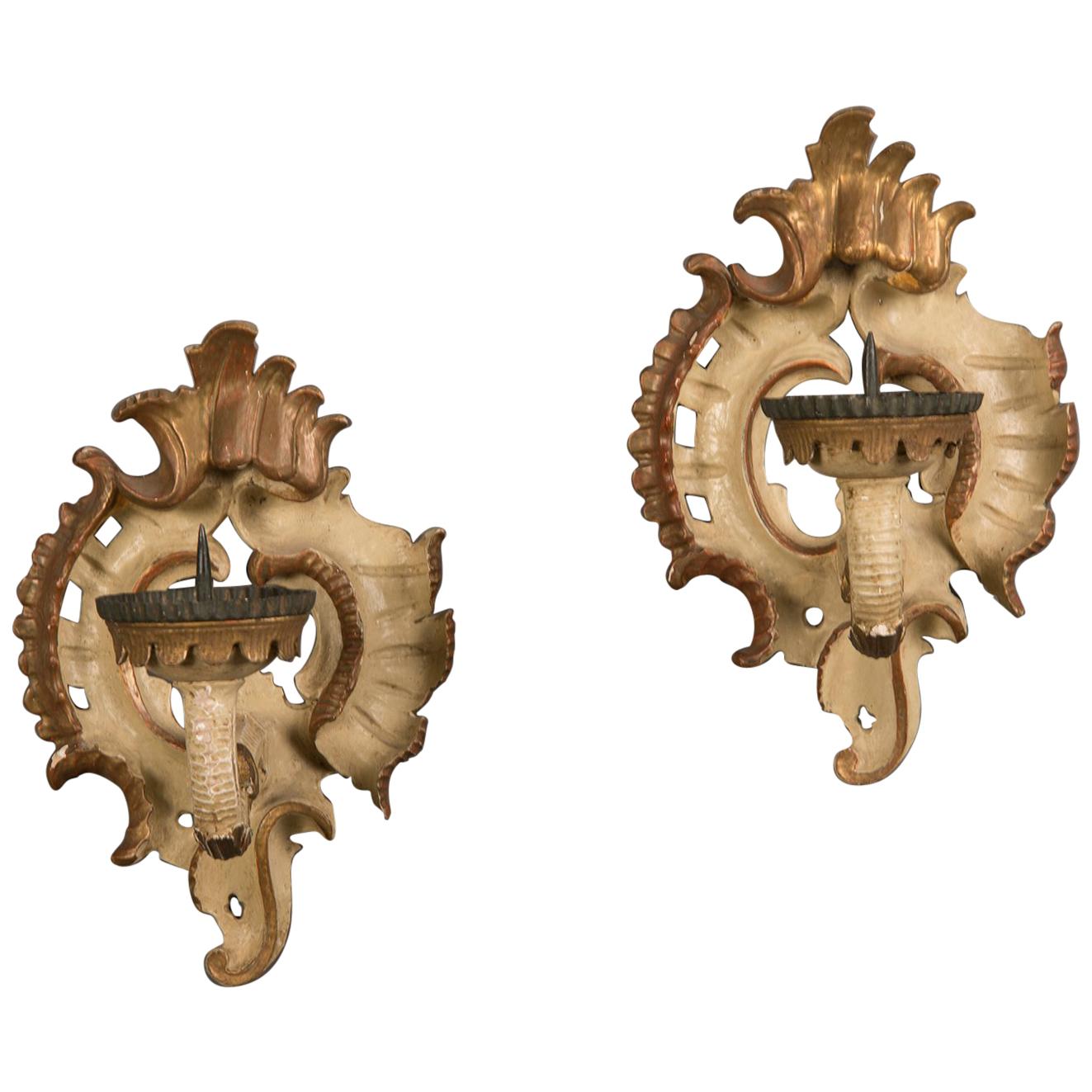 Pair Antique French Rococo Painted Gilded Sconces, circa 1890 For Sale