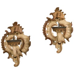 Pair Antique French Rococo Painted Gilded Sconces, circa 1890