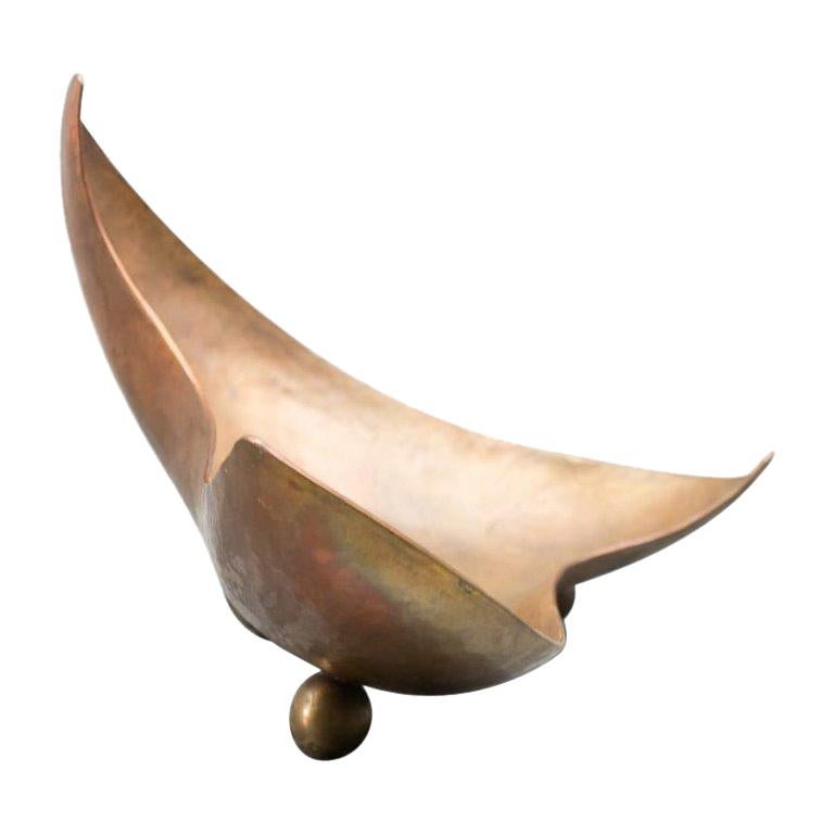 Unique Curvaceous Copper Hand Beaten German Fruit Bowl on Three Brass