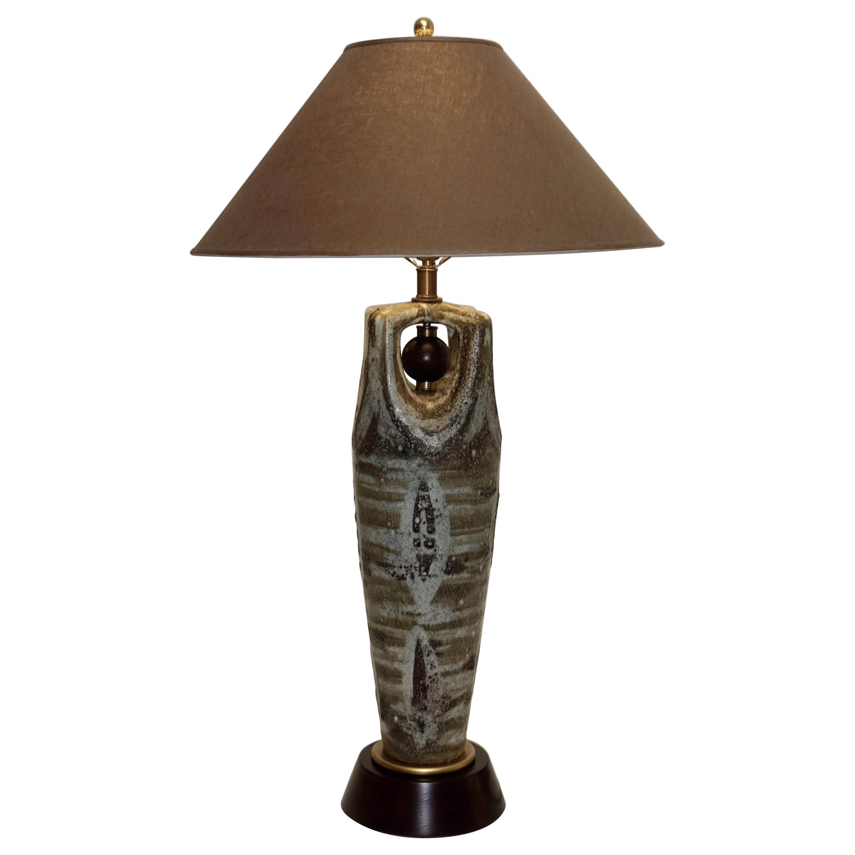 American Midcentury Large Glazed Stoneware Lamp