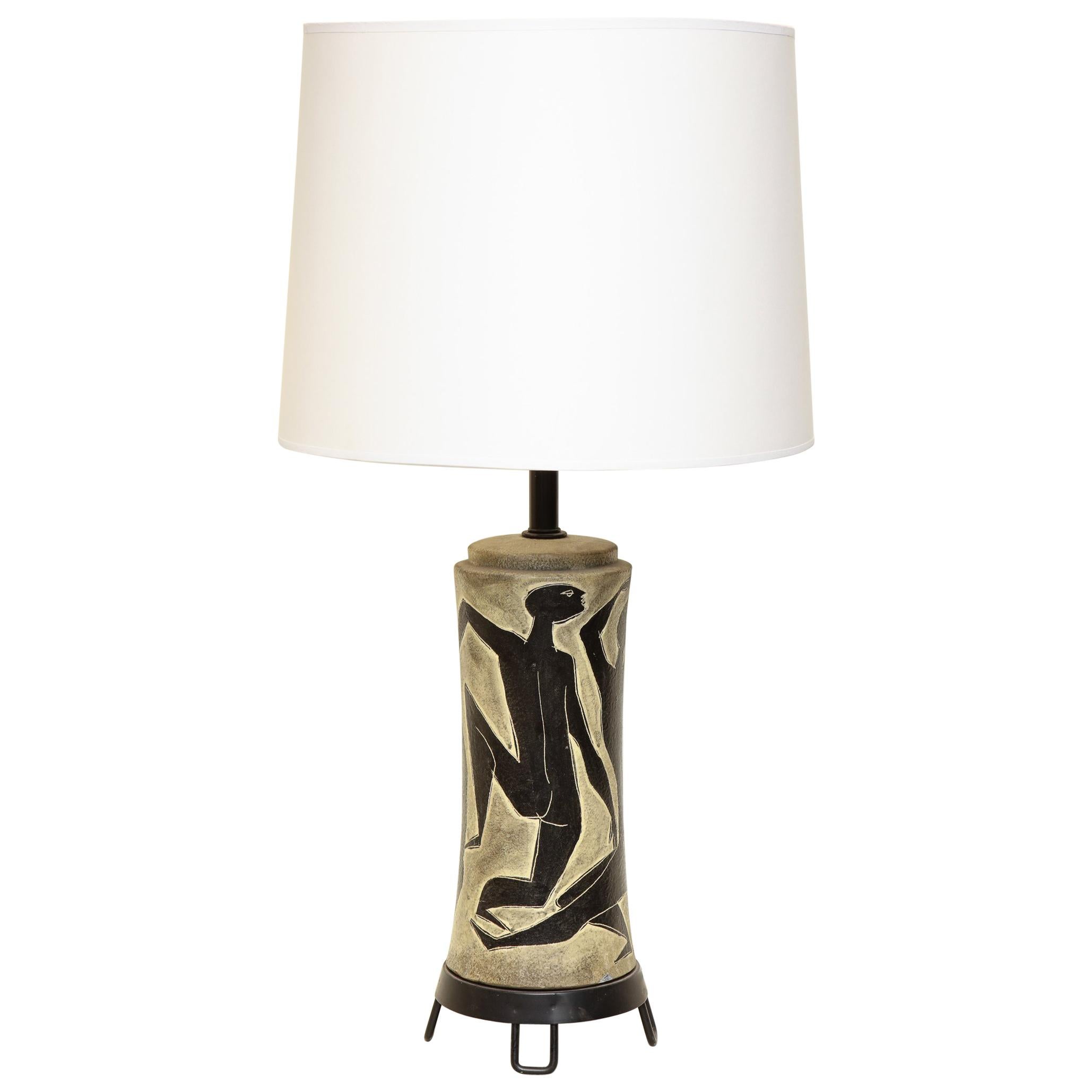 Fantoni Table Lamp Ceramic with Incised Stylized Men, Mid-Century Modern, 1950s For Sale