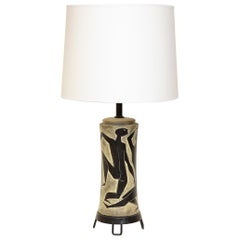 Fantoni Table Lamp Ceramic with Incised Stylized Men, Mid-Century Modern, 1950s