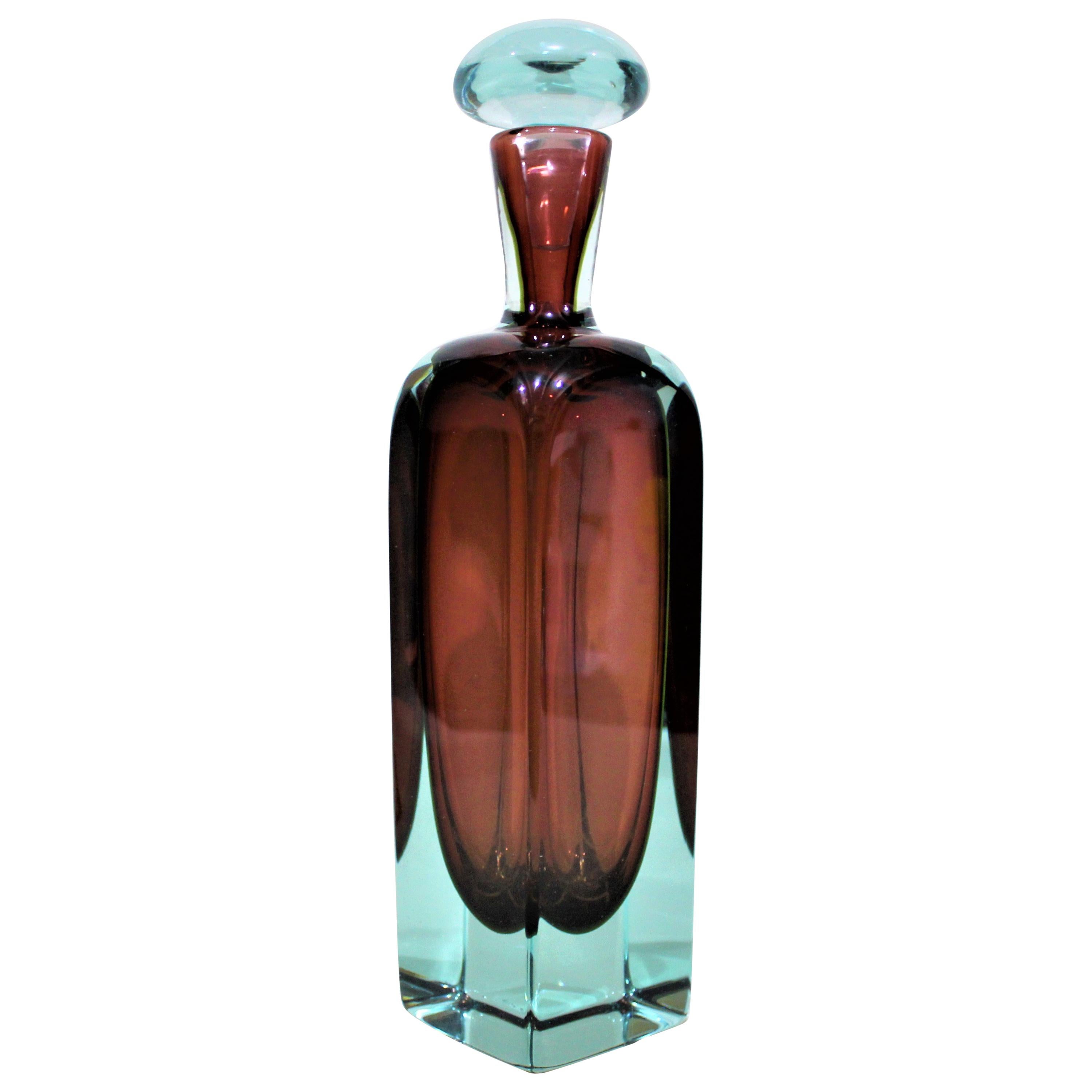 Mid-Century Modern Murano Blue & Rust Art Glass Bottle with Stopper For Sale