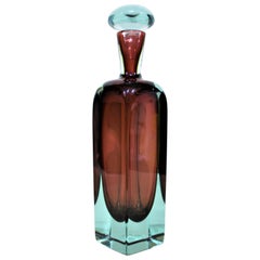 Mid-Century Modern Murano Blue & Rust Art Glass Bottle with Stopper