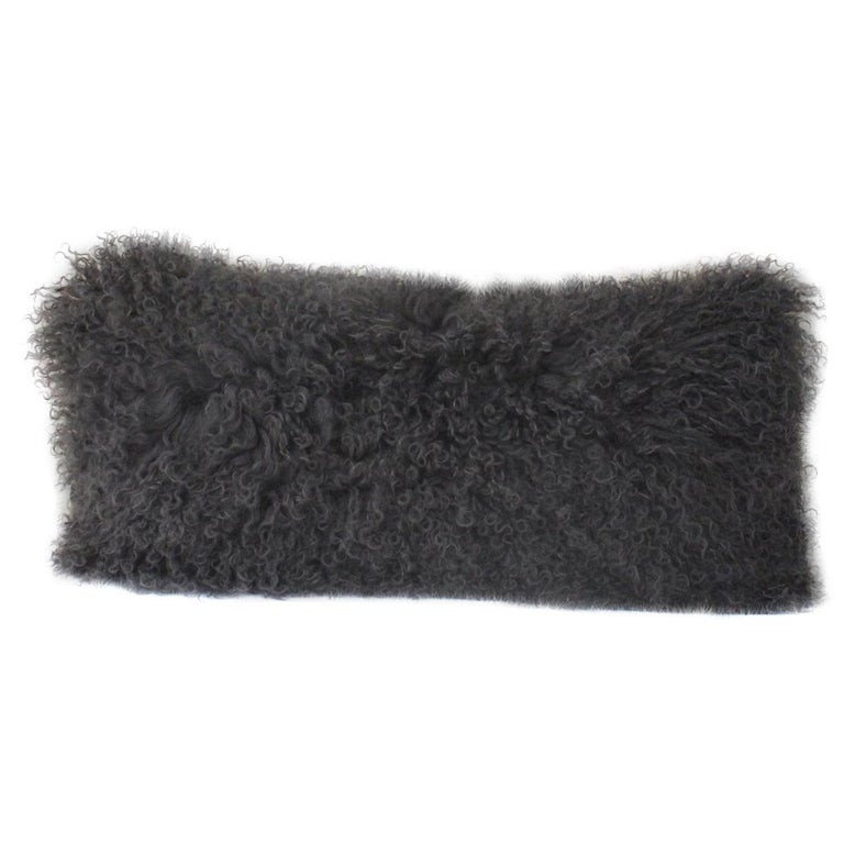 Charcoal Grey Mongolian Fur Pillow Lumbar Sheepskin pillow For Sale