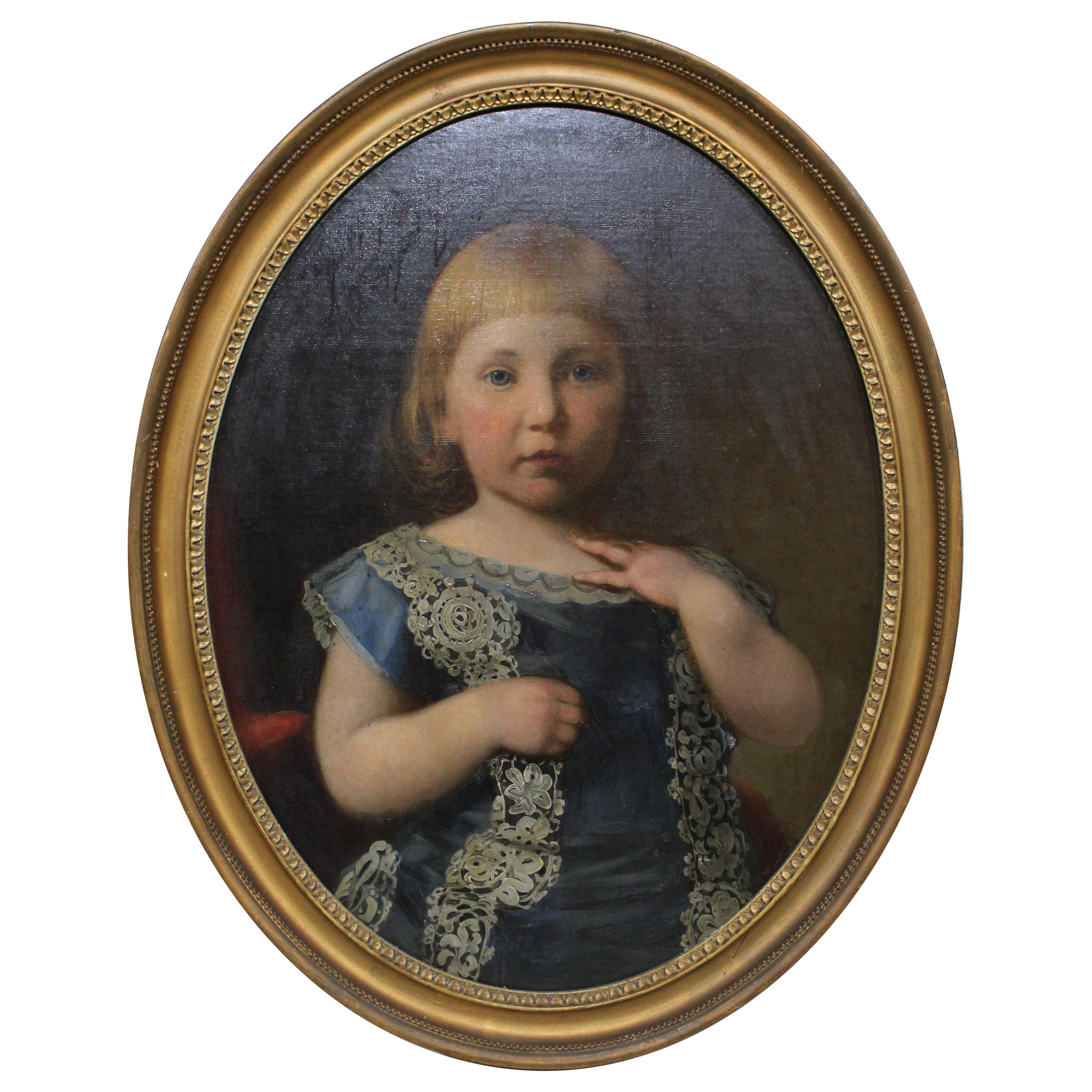 Antique Framed Victorian Oval Portrait Painting of a Young Girl 