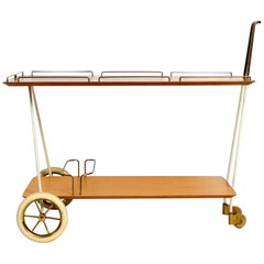 Beautiful Mid-Century Modern Trolley with Plywood Trays and Brass Frame