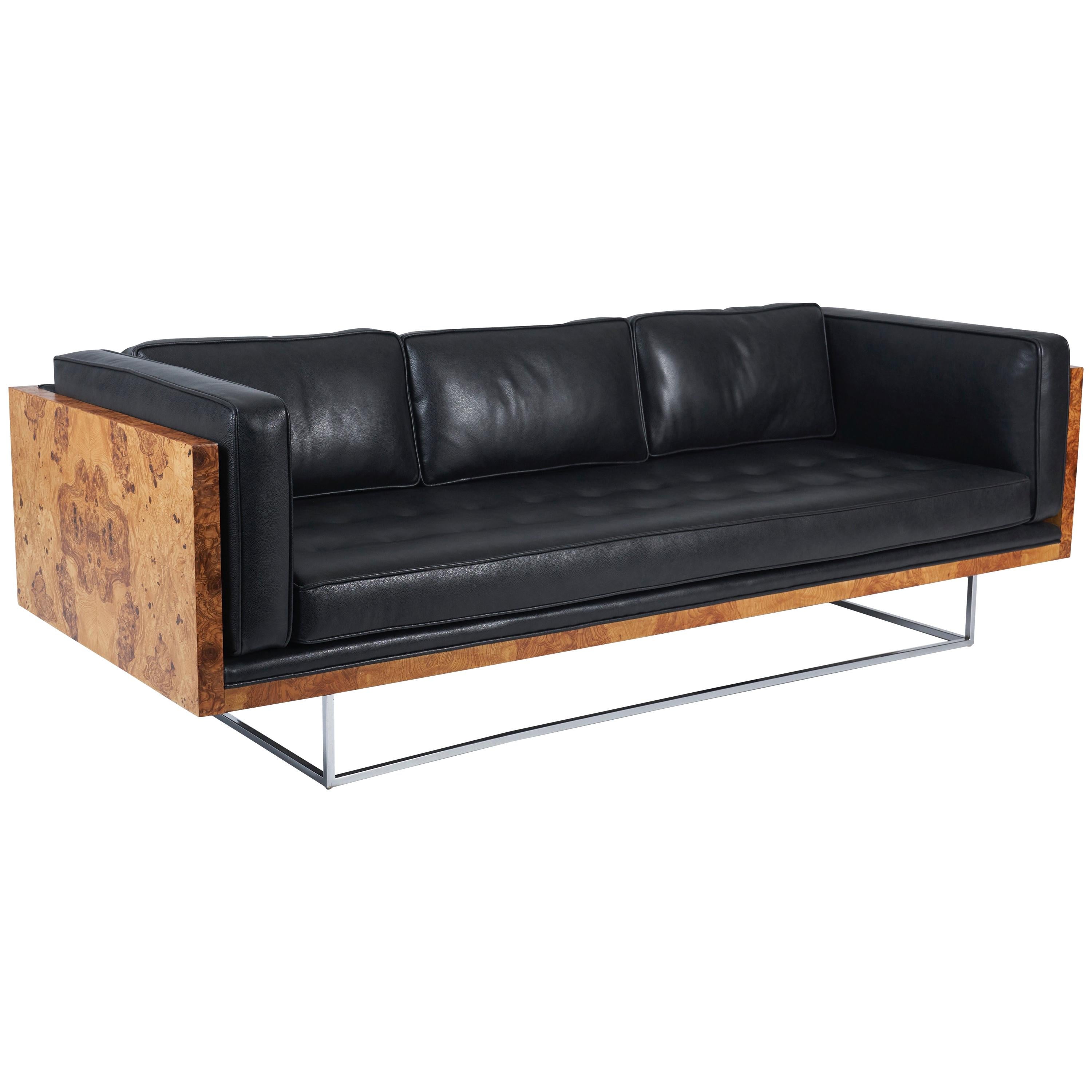 Burl Wood and Leather Case Sofa on Chrome Frame by Milo Baughman