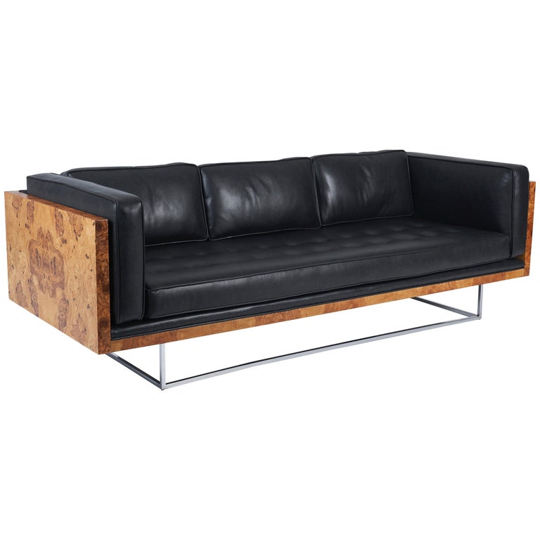 Burl Wood and Leather Case Sofa on Chrome Frame by Milo Baughman at 1stDibs