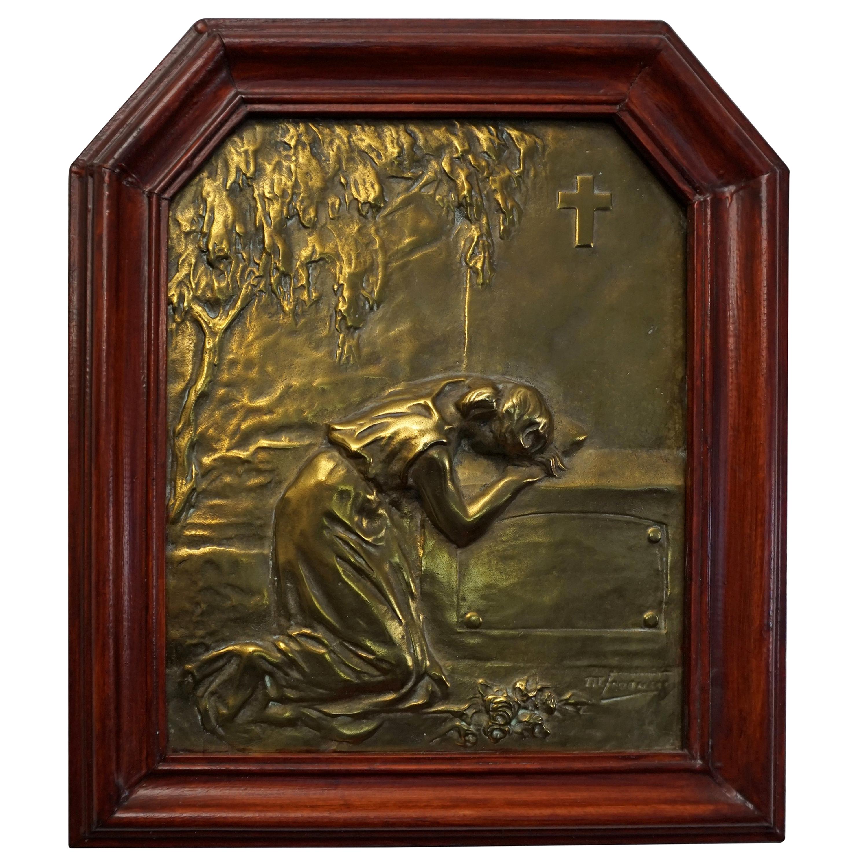 Art Nouveau Bronze or Bronzed Wall Plaque of Lady Mourning by a Grave circa 1900