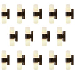 Set of Fourteen Cylindrical Wall Sconces in Opaline Glass and Bakelite