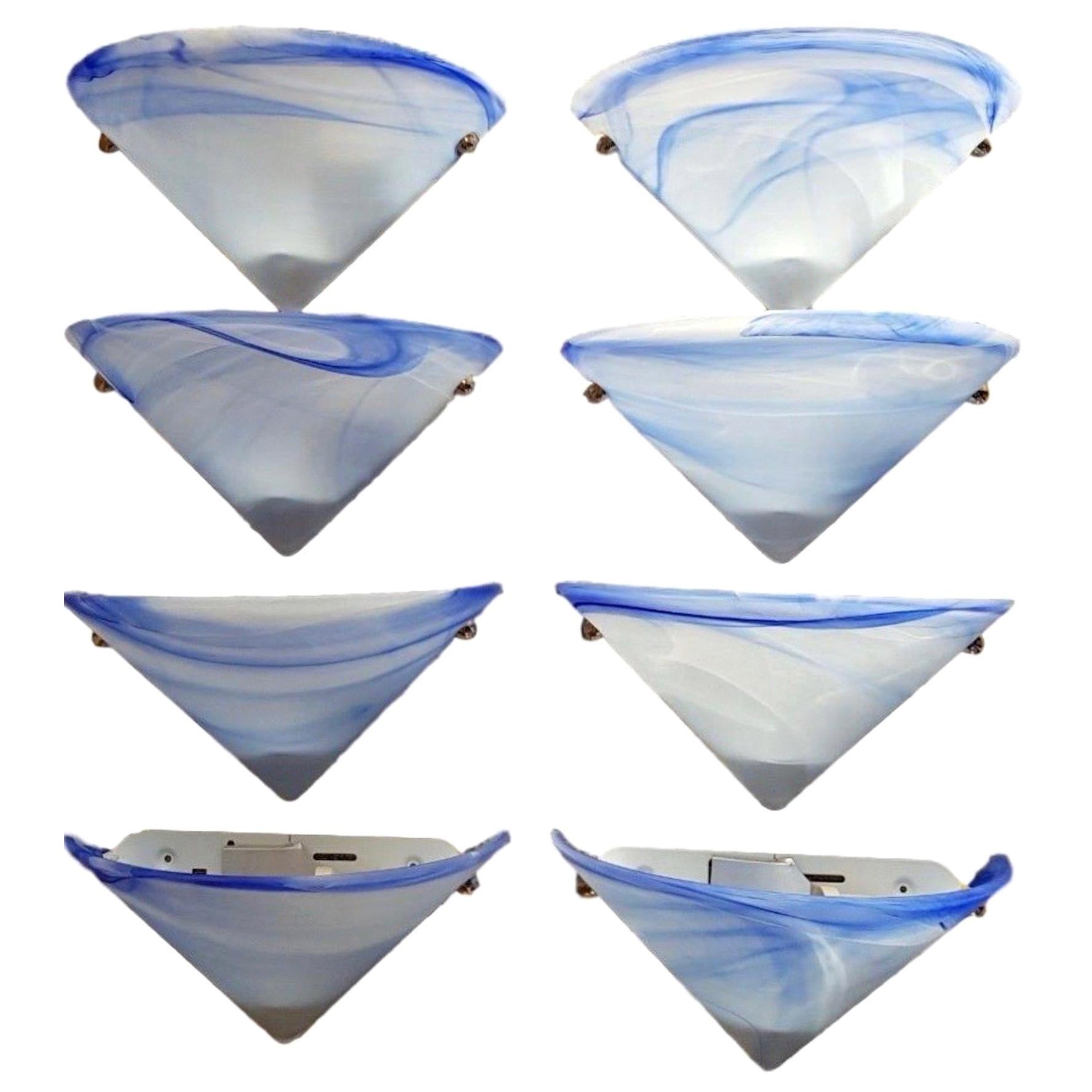 Eight Blue and White Swirl Murano Glass Cone Wall Sconces For Sale