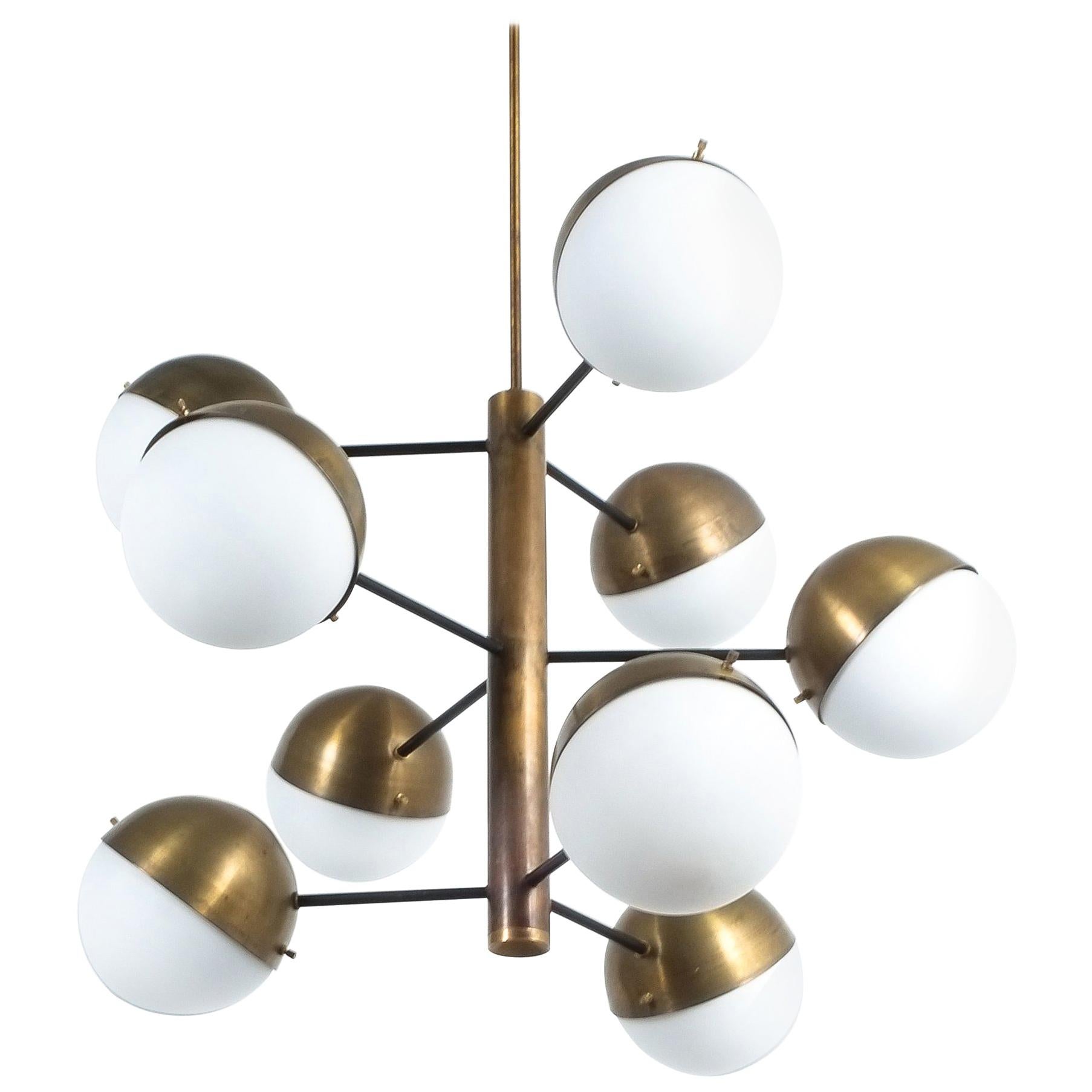 Stilnovo Midcentury Brass Opaline Glass Chandelier, Italy