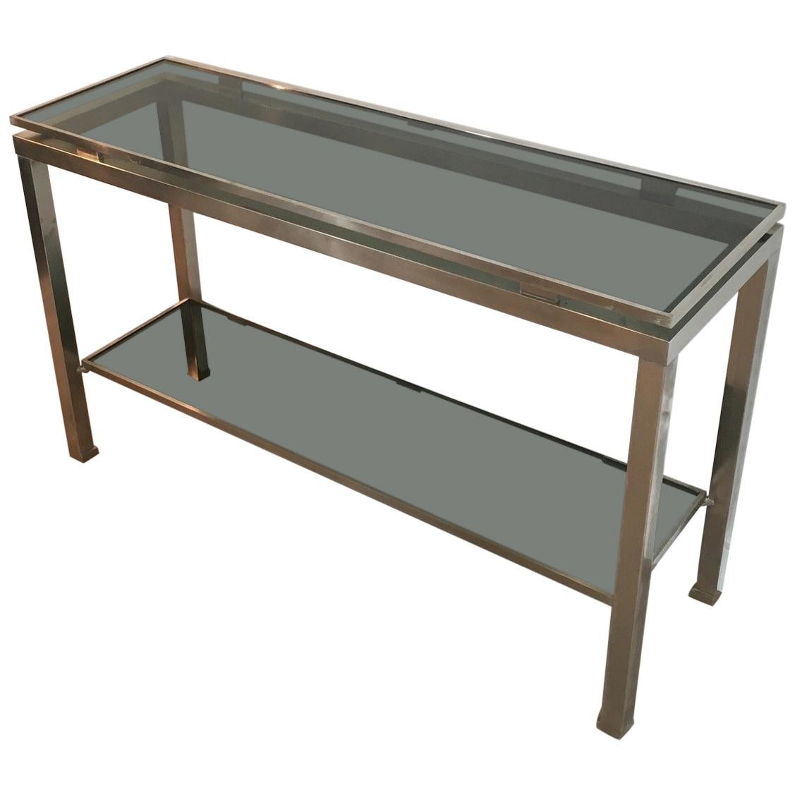 Brushed Steel Console Table with Blueish Glass Tops, by Guy Lefèvre for Mais