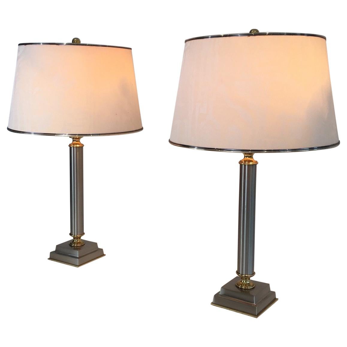 Pair of Brushed Steel and Brass Lamps with Reclining Shades by Guy Lefèvre