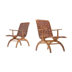 Pair of Elegant Spanish Armchairs in Patinated Woven Leather 