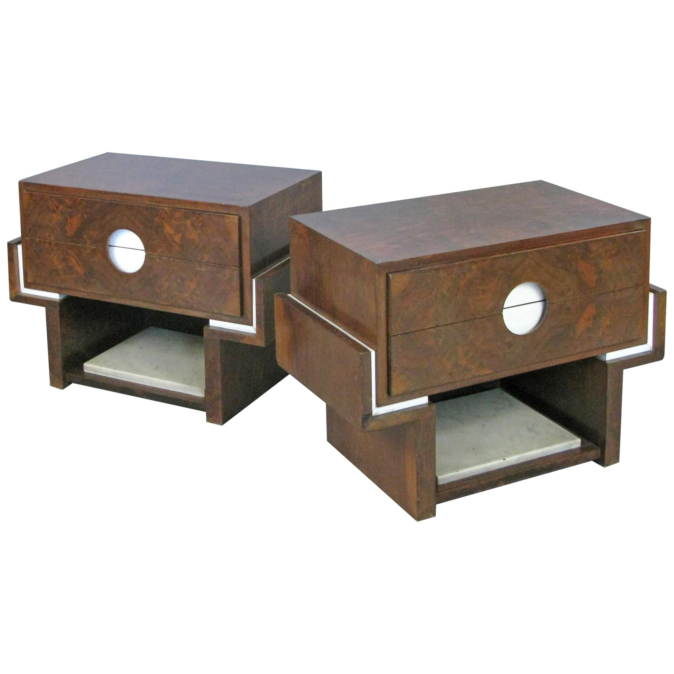 Pair of 1940s Rosewood and Marble Nightstands