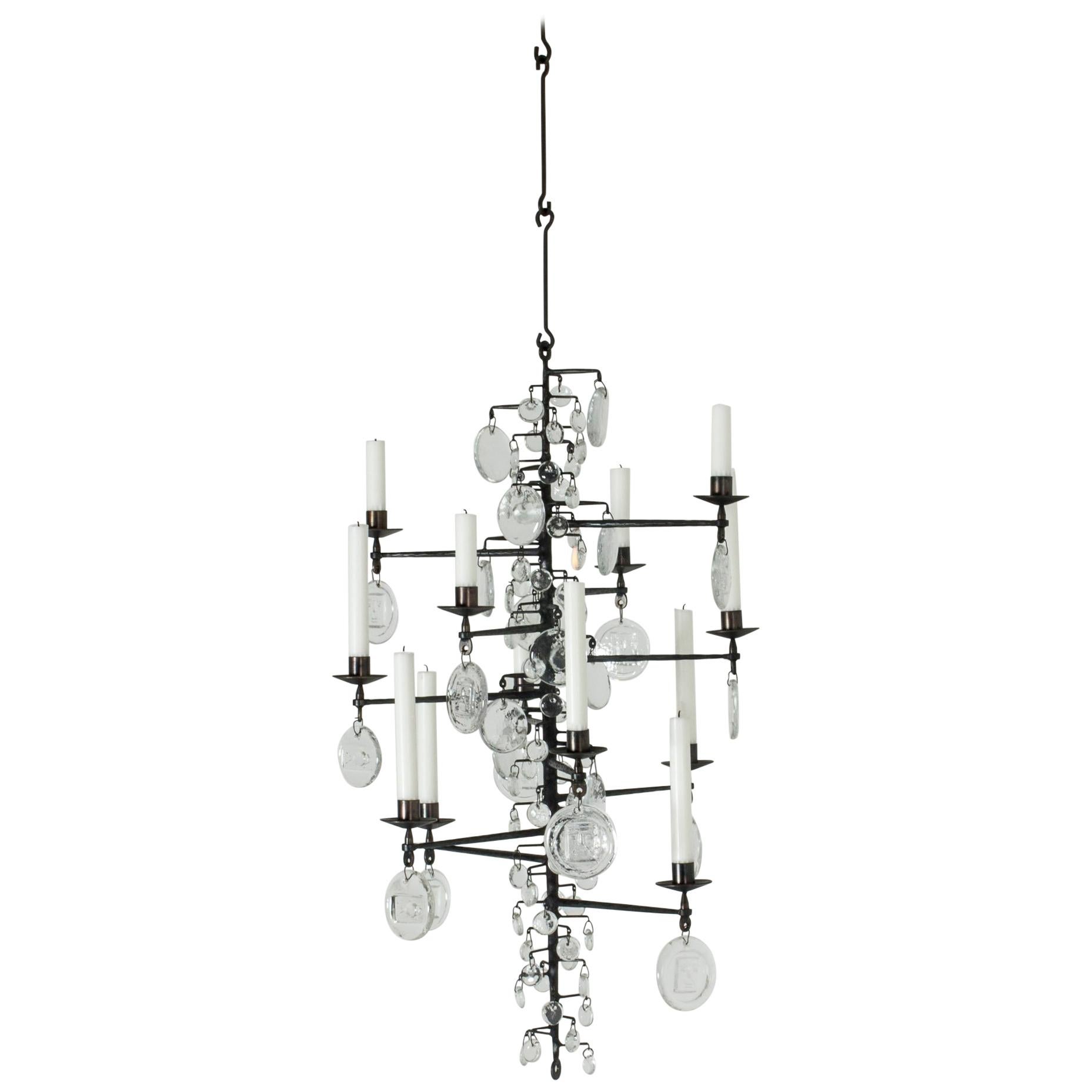 Wrought Iron and Glass Candle Chandelier by Erik Höglund