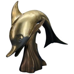 Large Midcentury Brass Sculpture Of A Jumping Dolphin
