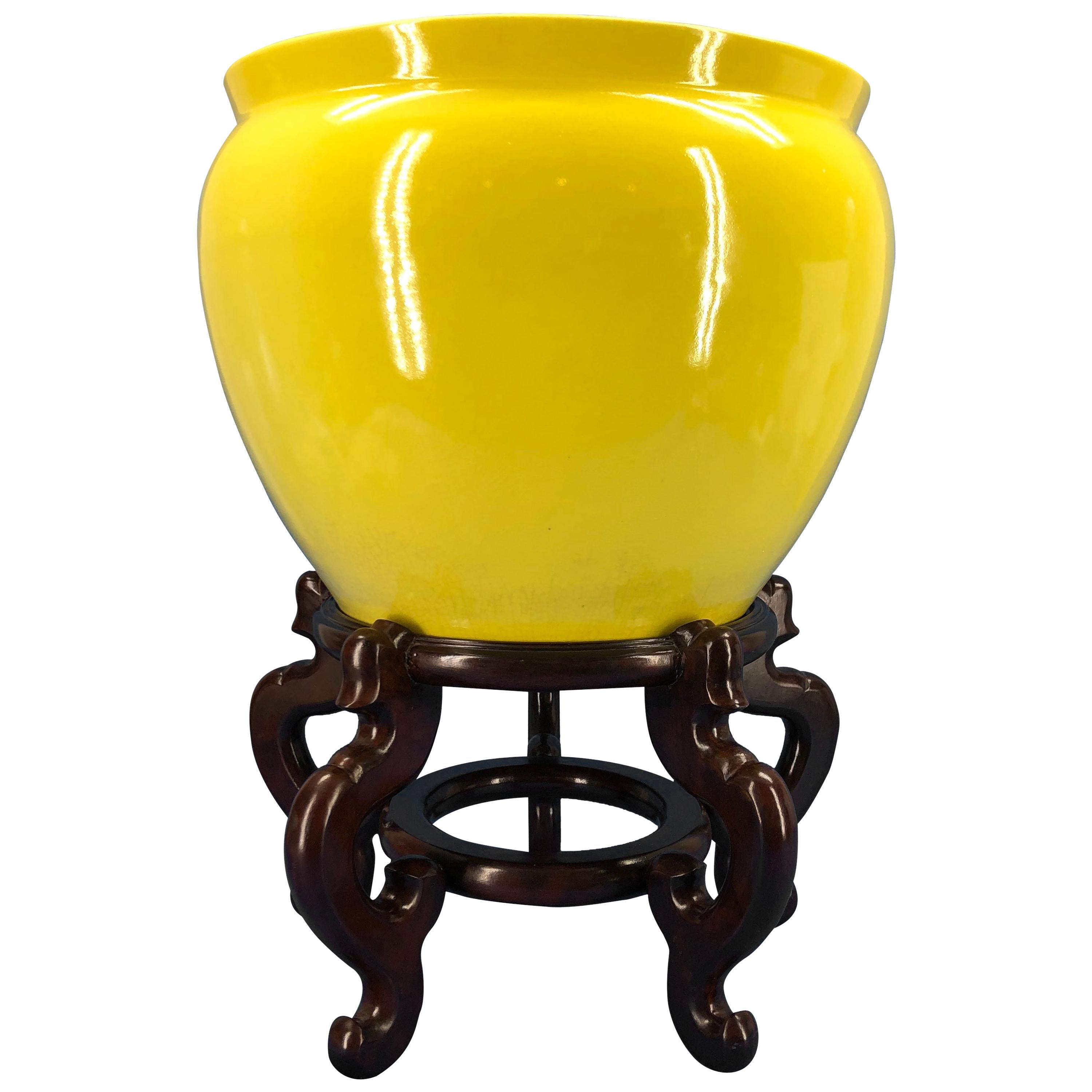 Large Bright Yellow Hand Painted Porcelain Jardinière Bowl on a Wooden Stand