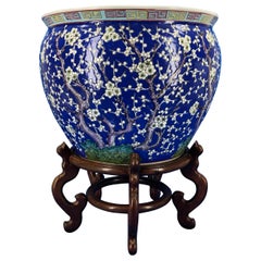 Large Chinese Blue Decorated Porcelain Jardinieres Planter on Wooden Stand