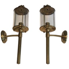 Used Pair of Neoclassical Round Brass Lanterns with Rounded Glass, in the Style of Ma