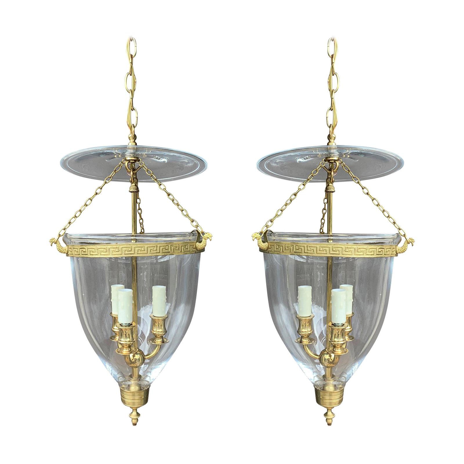 Pair of 20th Century Bell Jar Three-Light Lanterns with Greek Key Banding