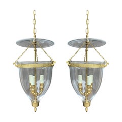 Pair of 20th Century Bell Jar Three-Light Lanterns with Greek Key Banding