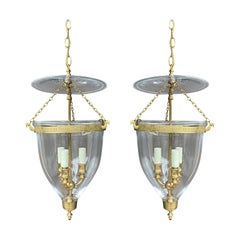 Pair of 20th Century Bell Jar Three-Light Lanterns with Greek Key Banding