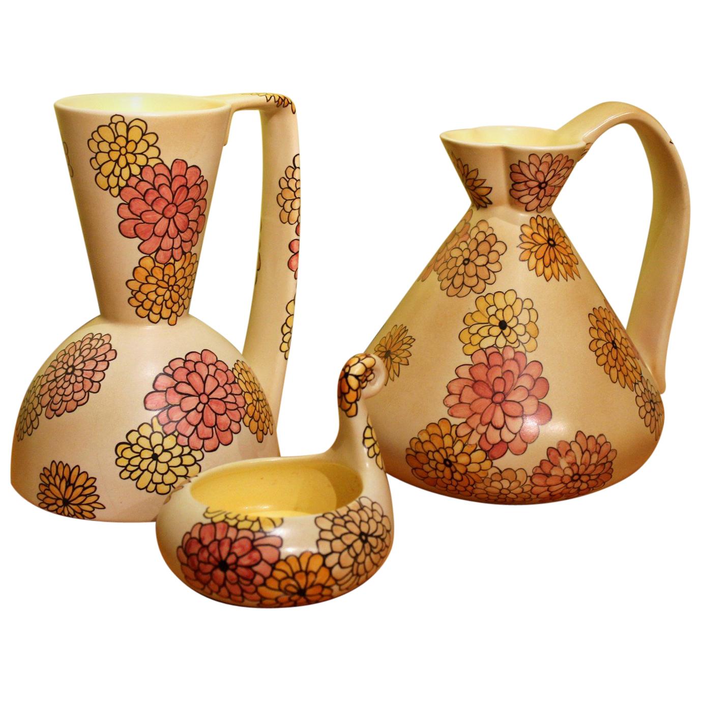 Lenci - Set de pichets, cruches et plateaux en céramique Art Déco italienne avec motifs floraux en vente