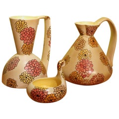Lenci Italian Art Deco Ceramic Jug, Pitcher and Tray Set with Floral Patterns