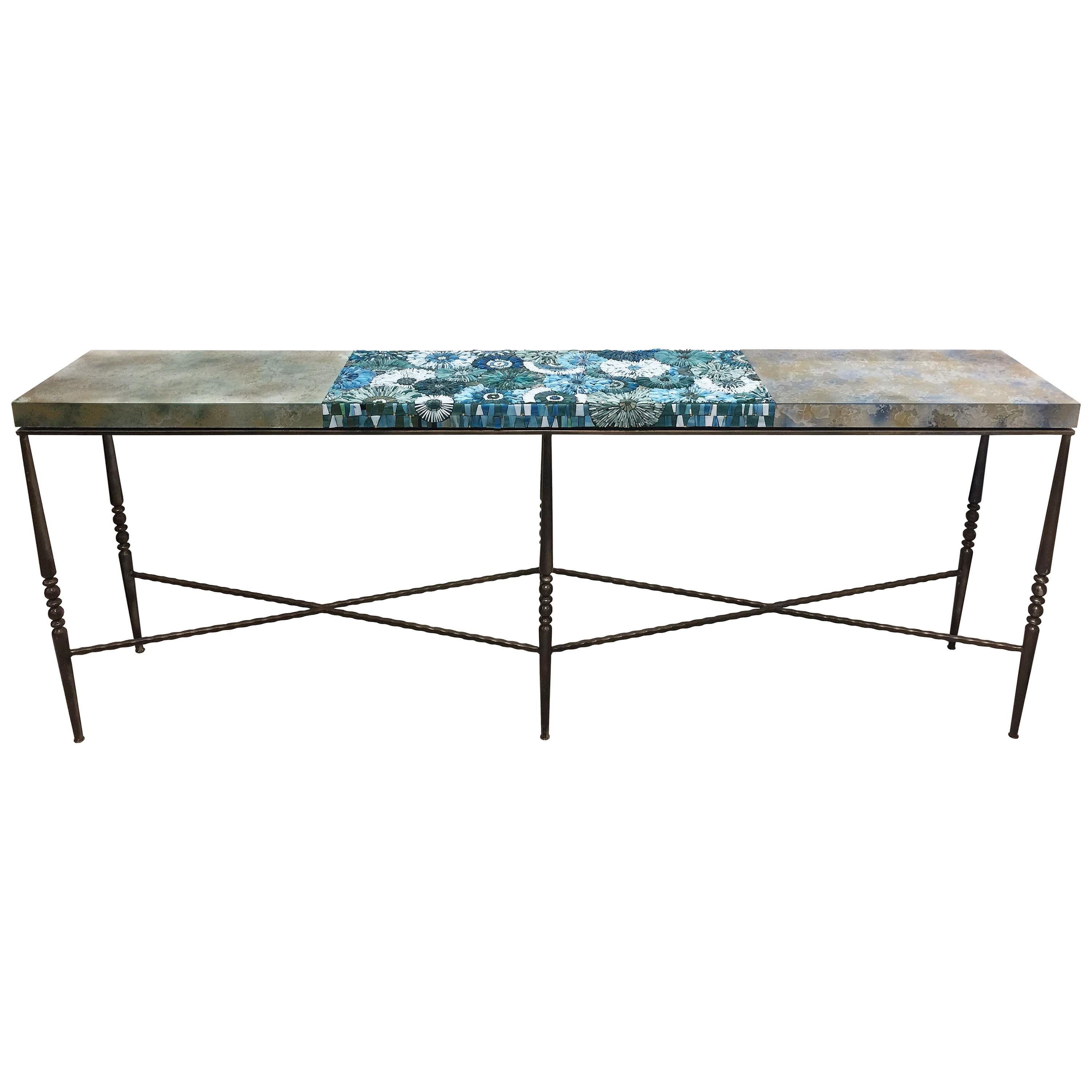 Modern Turquoise Mystic Blossom Glass Mosaic Console by Ercole Home