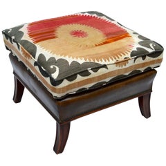 Leather Ottoman with Vintage Suzani Embroidered Cushion