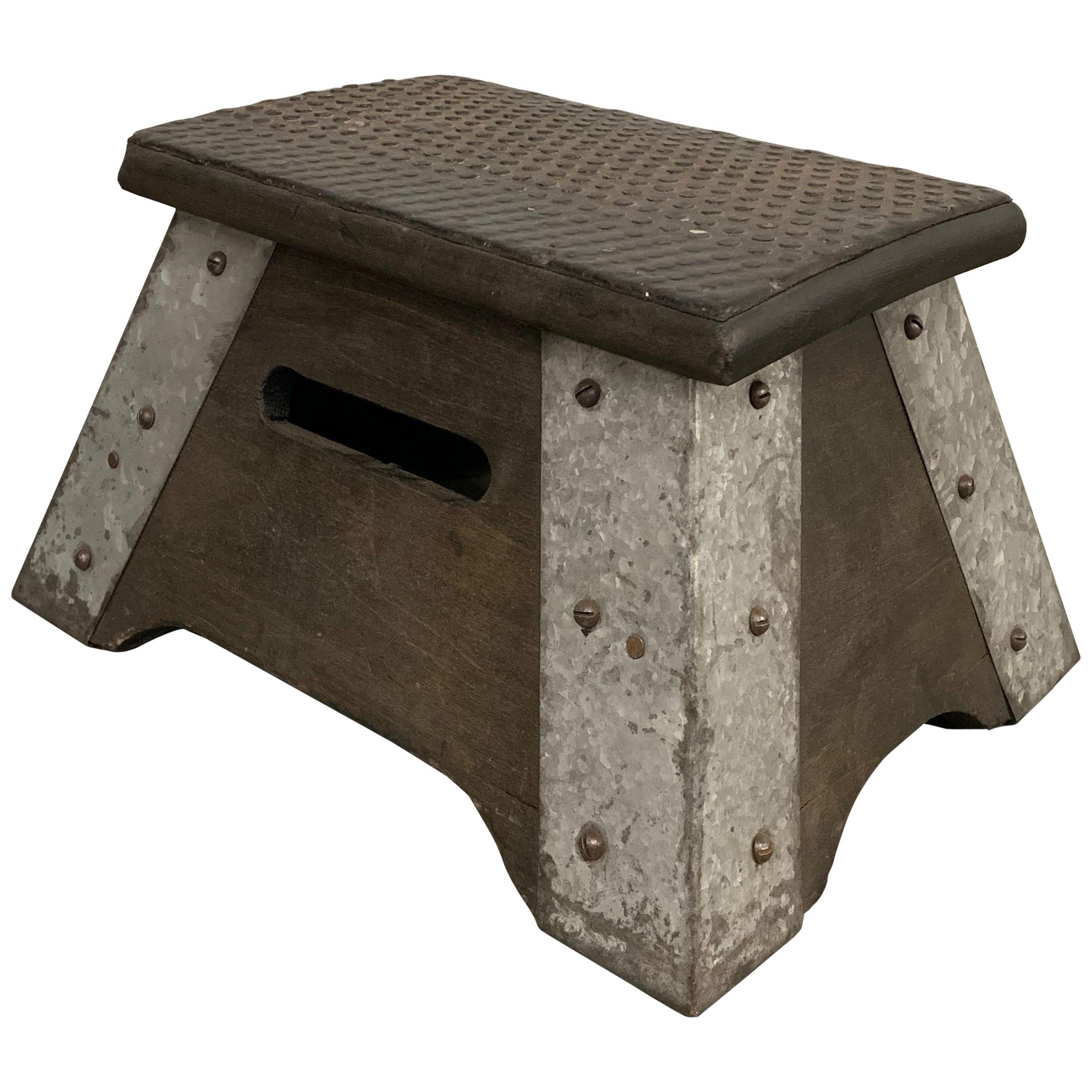 Industrial Maple and Galvanized Steel Train Step Stool For Sale