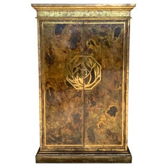 Hollywood Regency Brass Faces Dry Bar with Mirrored Interior