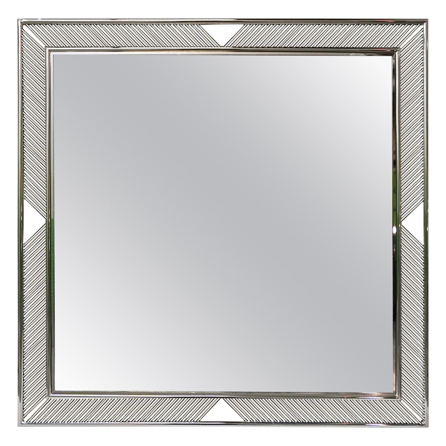 Contemporary Minimalist Italian Nickel Mirror with Modern Baguette Fretwork