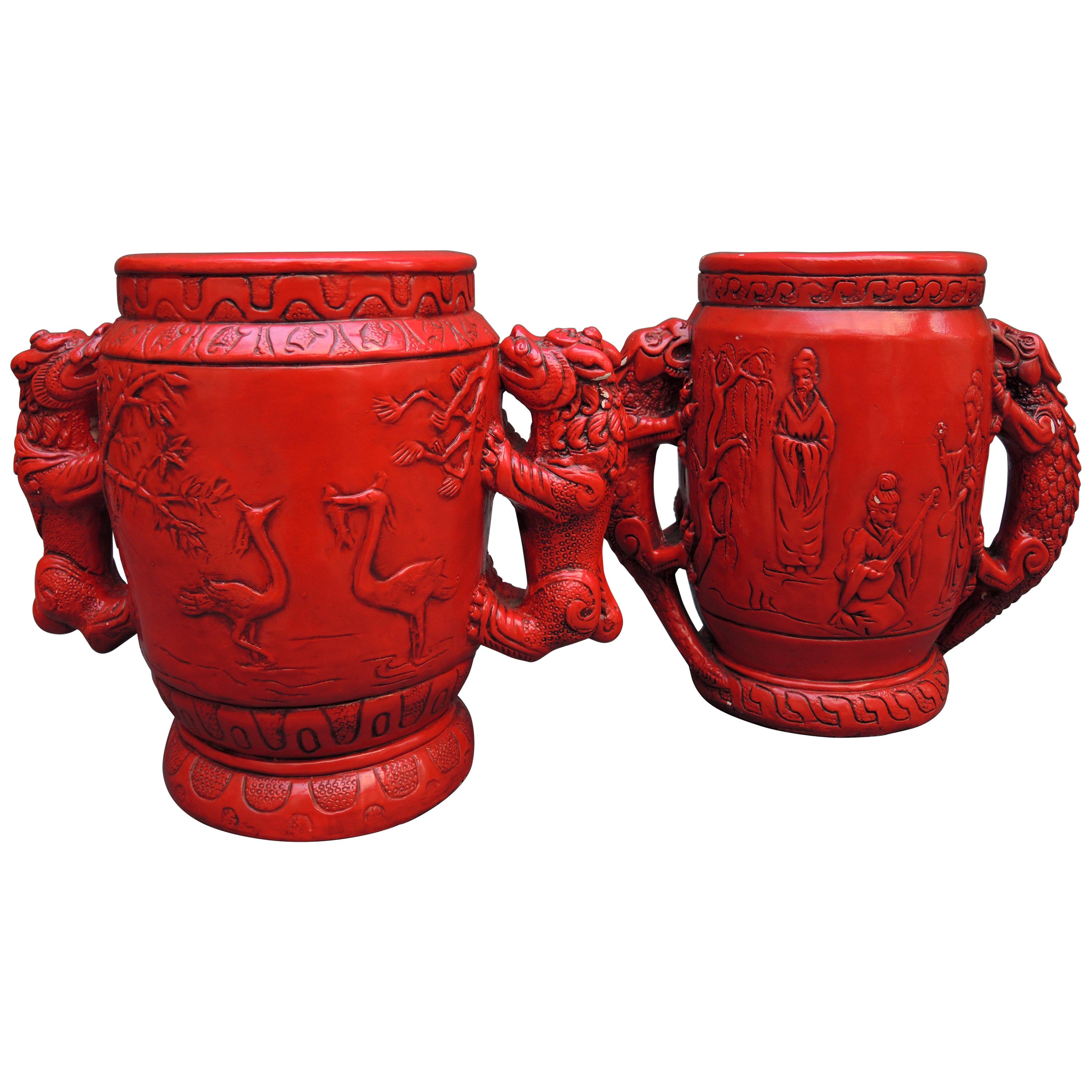 Pair Hollywood Regency Red Lacquered Chalkware Chinoiserie Style Urns For Sale