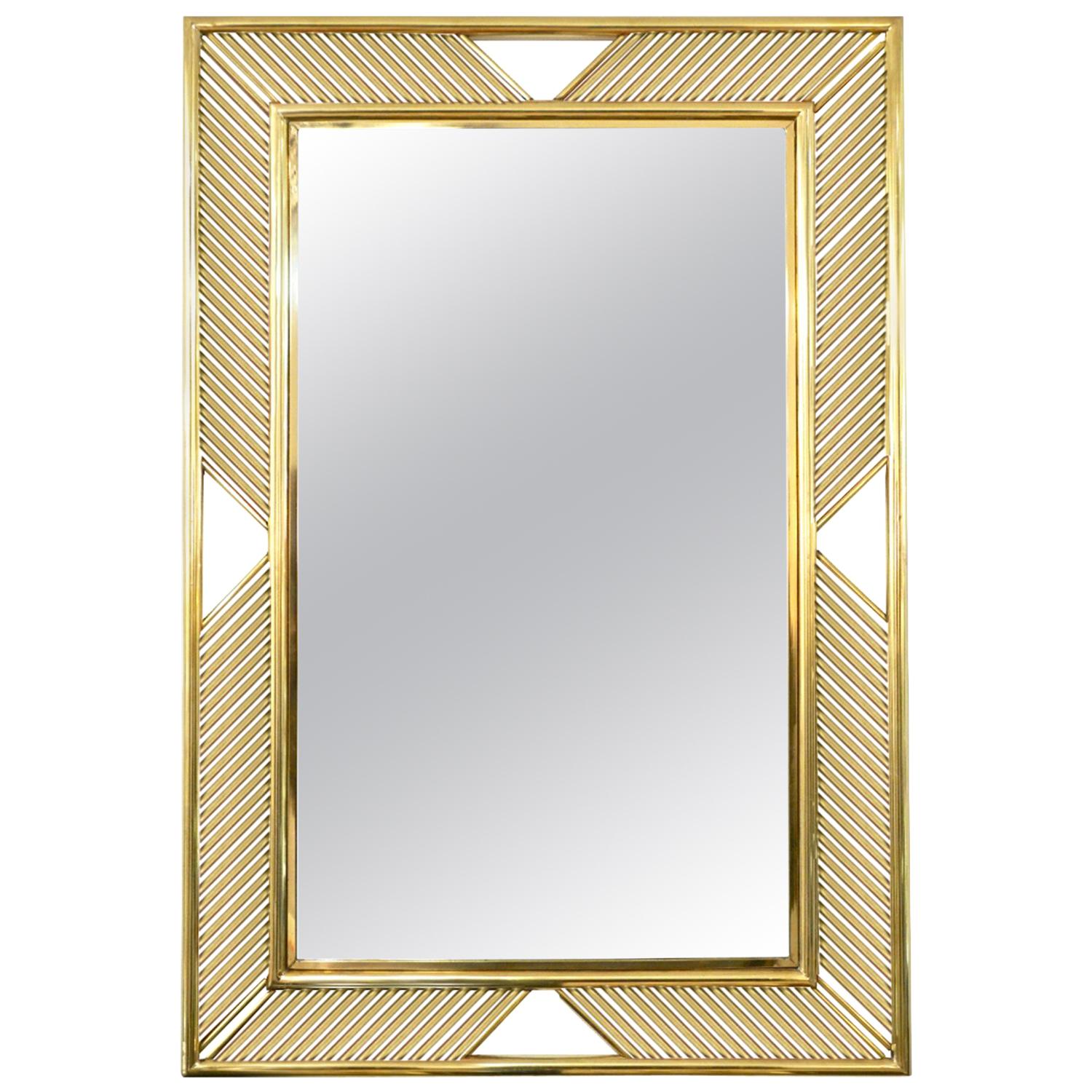 Contemporary Minimalist Italian Gold Brass Mirror with Modern Baguette Fretwork