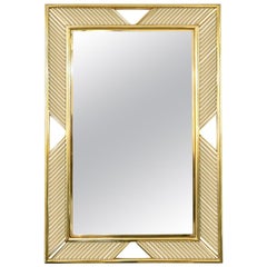 Contemporary Minimalist Italian Gold Brass Mirror with Modern Baguette Fretwork