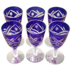 Vintage 20th Century Service of Glasses in Blue Color Crystal, Set of 6