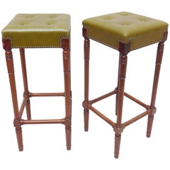 Pair of Bar Stools with Buttoned Leather Upholstered Seats and Nail Head Edging