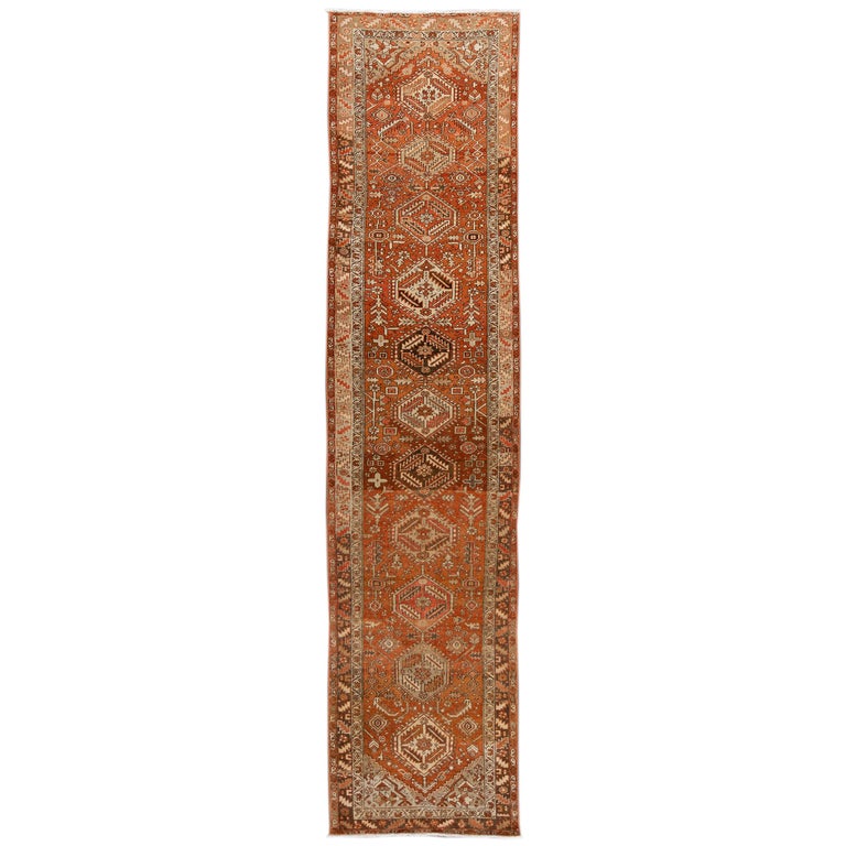 Antique RustColored Persian Heriz Wool Runner Rug For Sale at 1stdibs