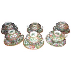 Antique Chinese Qing Rose Medallion Porcelain Lidded Soup Rice Bowls with Saucers Set