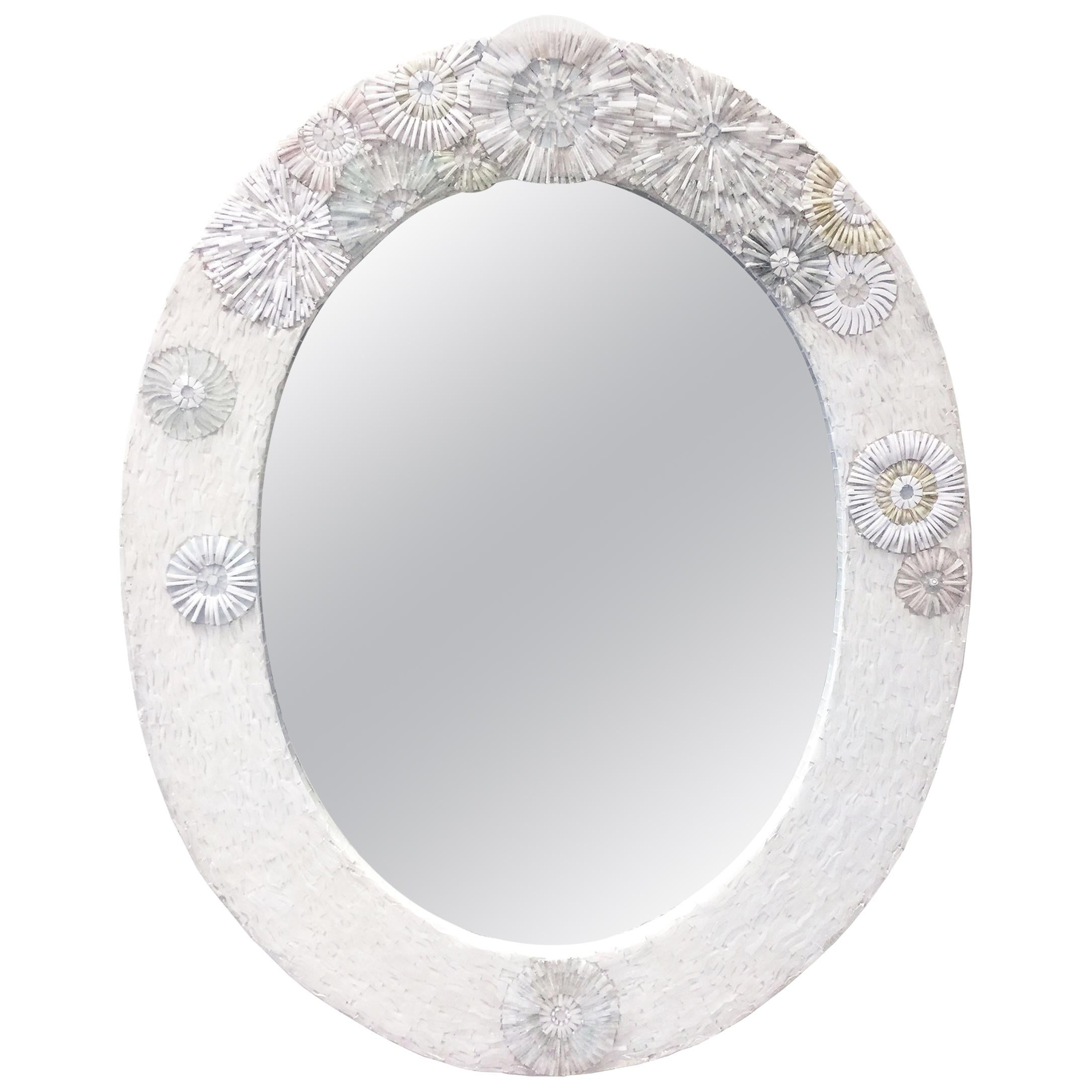 Modern Whtie Blossom Glass Flower Mosaic Oval Mirror by Ercole Home For Sale