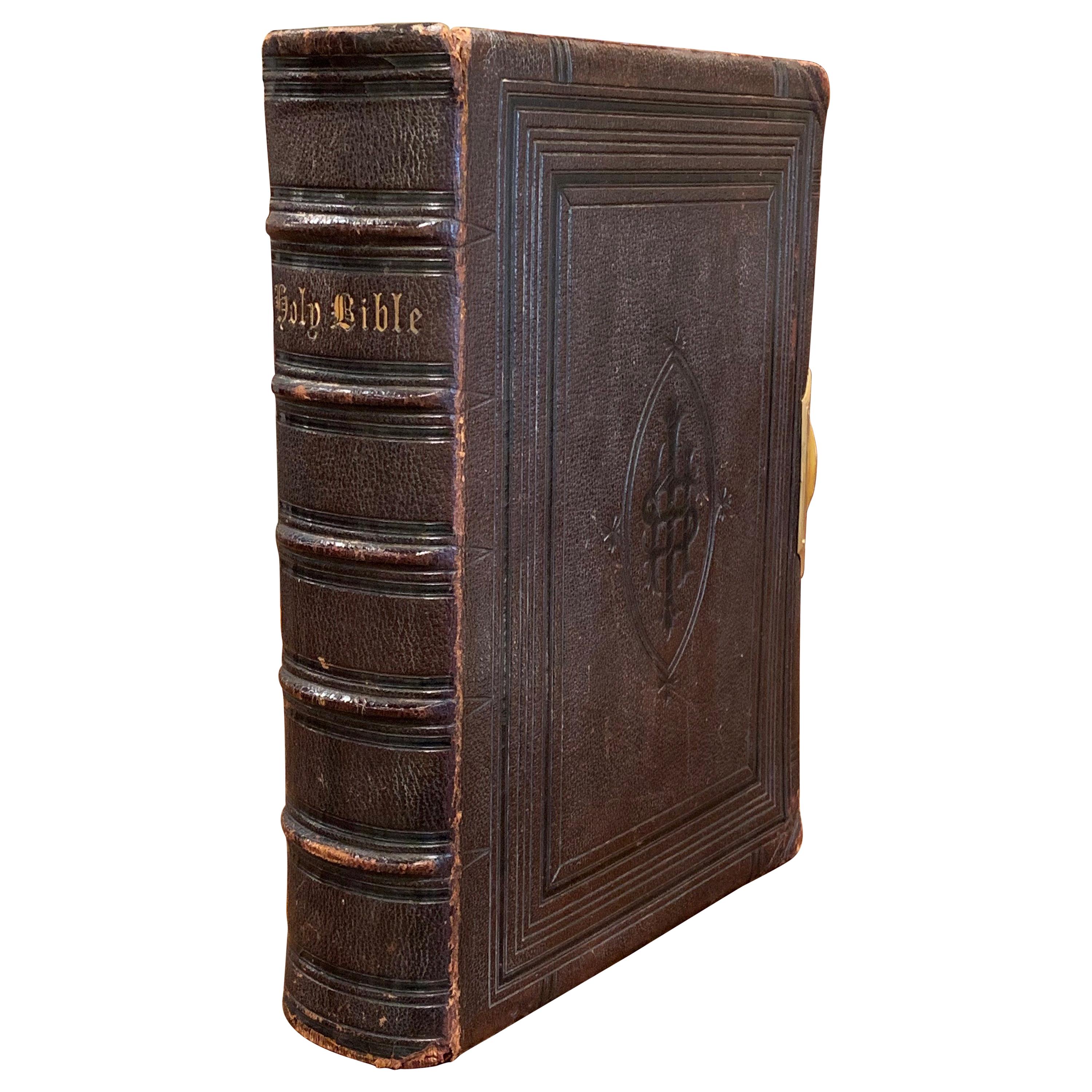 19th Century English Leather Bound Holy Bible with Gilt Tooling and Brass Lock