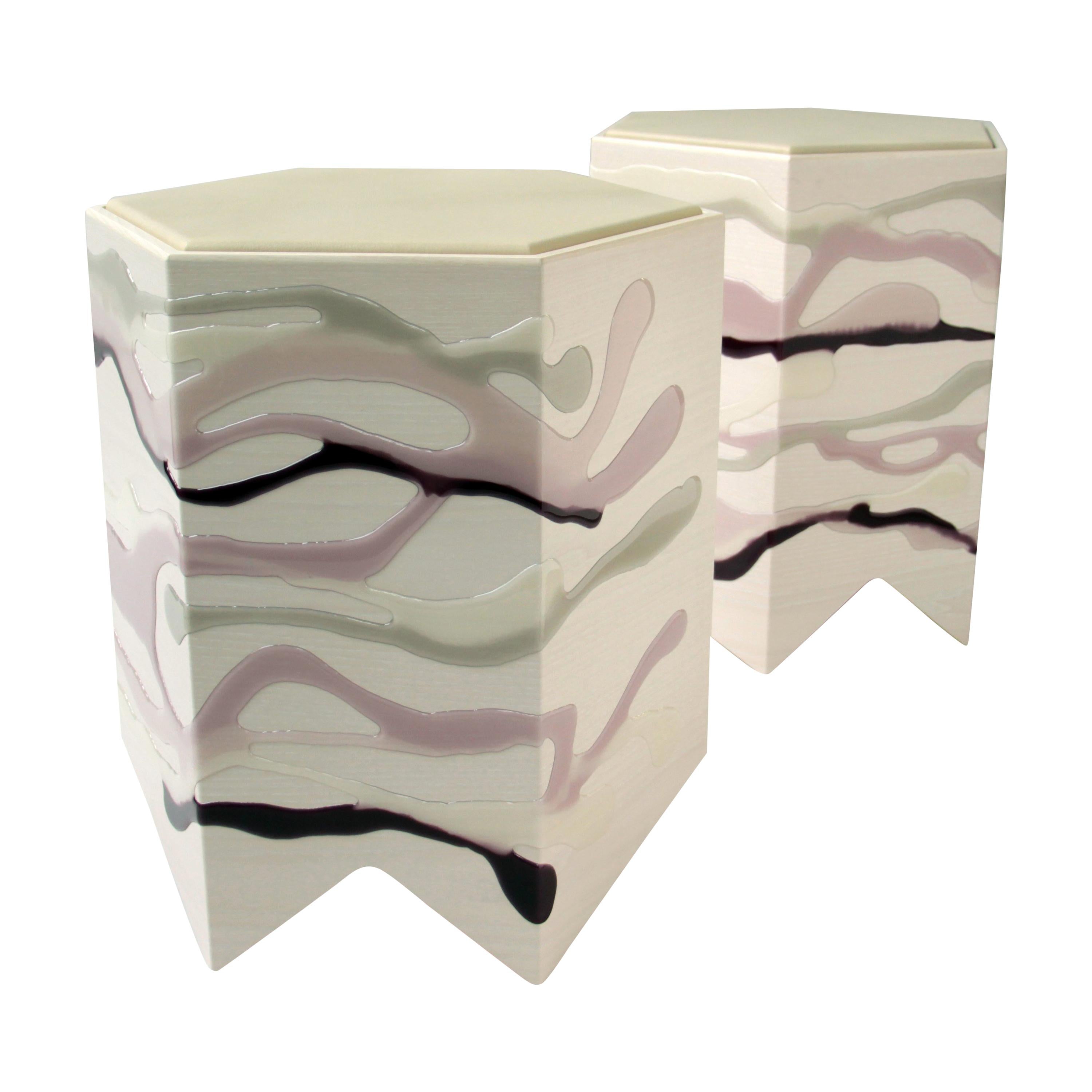 Pair of Custom Drip/Fold Side Tables, Ash with Lavender Resin, Leather Top For Sale