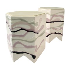 Pair of Custom Drip/Fold Side Tables, Ash with Lavender Resin, Leather Top