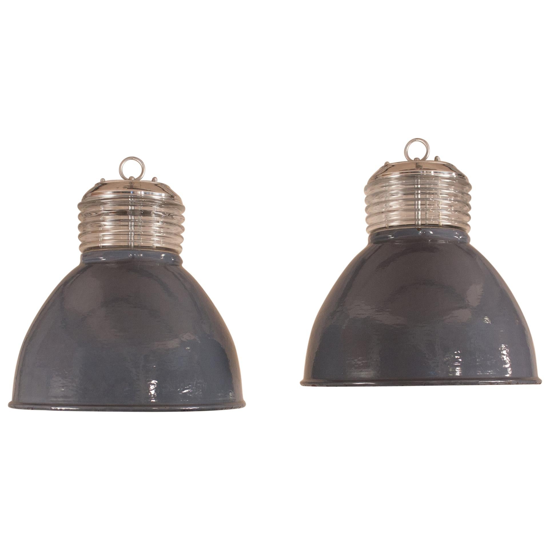 Pair of Vintage Gray Enamel and Glass Industrial Pendant Lights