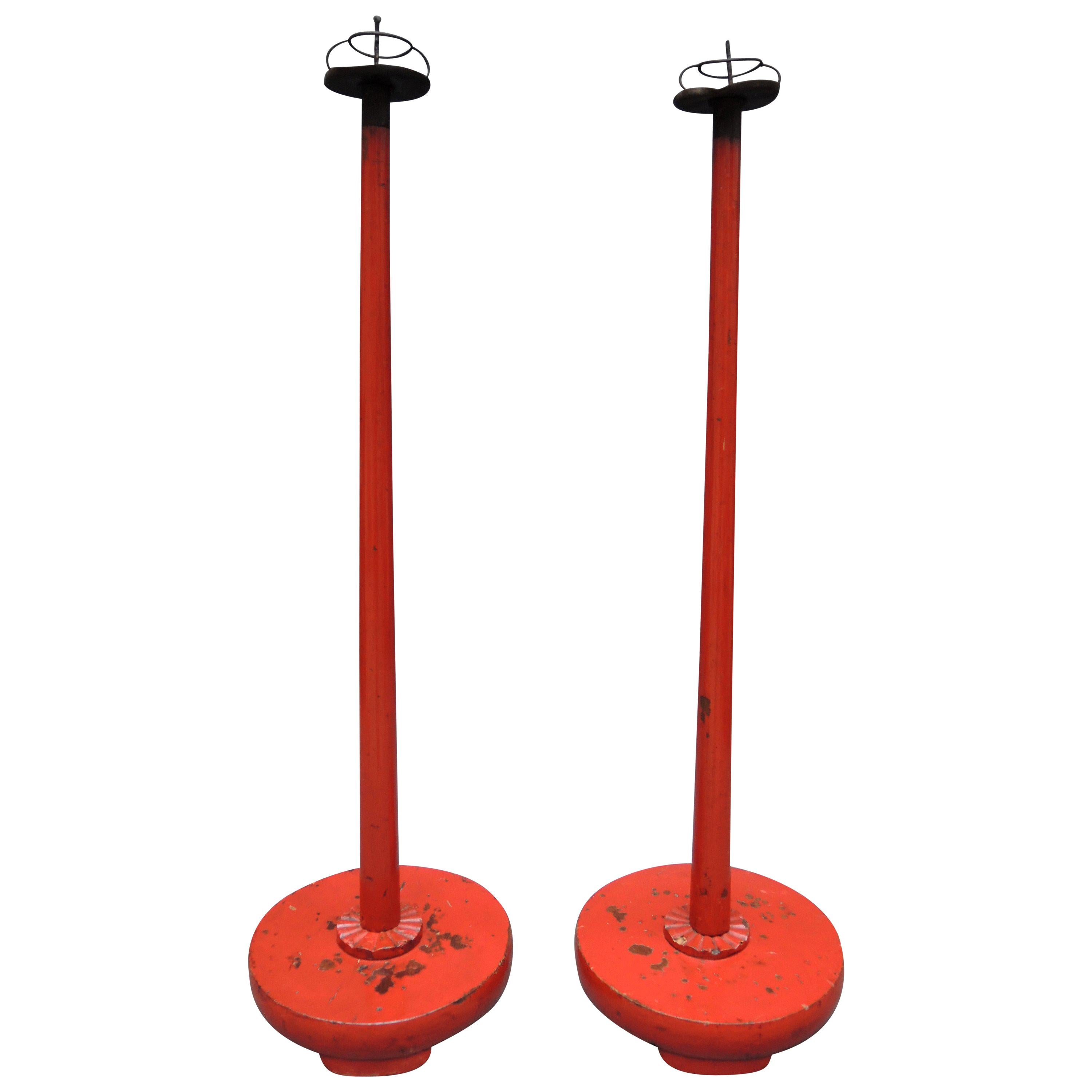 Pair of 19th Century Chinese Red Lacquered Wood Candlesticks For Sale